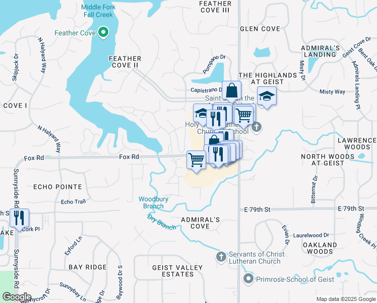 map of restaurants, bars, coffee shops, grocery stores, and more near 8090 Farmhurst Lane in Indianapolis