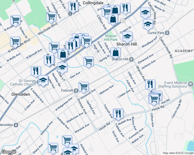 map of restaurants, bars, coffee shops, grocery stores, and more near 1449 Sharon Park Drive in Sharon Hill