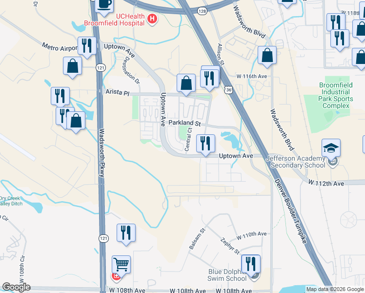 map of restaurants, bars, coffee shops, grocery stores, and more near 11337 Central Court in Broomfield