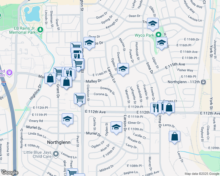 map of restaurants, bars, coffee shops, grocery stores, and more near 11387 Larson Lane in Northglenn