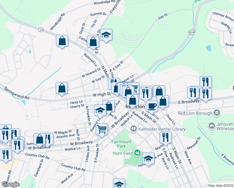 map of restaurants, bars, coffee shops, grocery stores, and more near 83 North Main Street in Red Lion