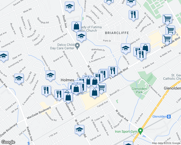 map of restaurants, bars, coffee shops, grocery stores, and more near 602 West South Avenue in Glenolden