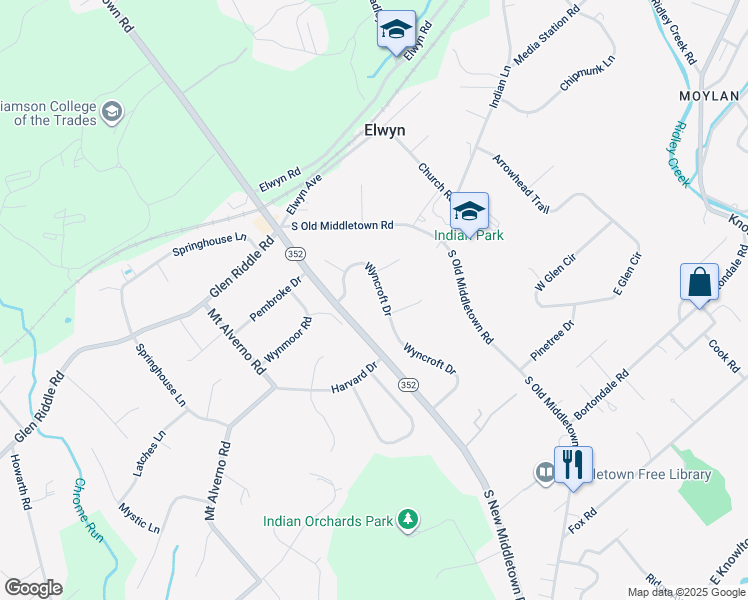 map of restaurants, bars, coffee shops, grocery stores, and more near 34 Wyncroft Drive in Media