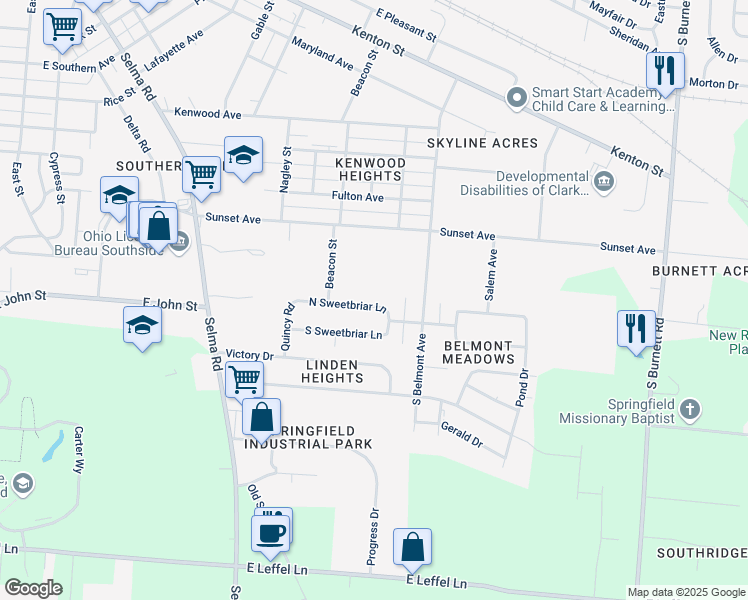 map of restaurants, bars, coffee shops, grocery stores, and more near 1806 North Sweetbriar Lane in Springfield