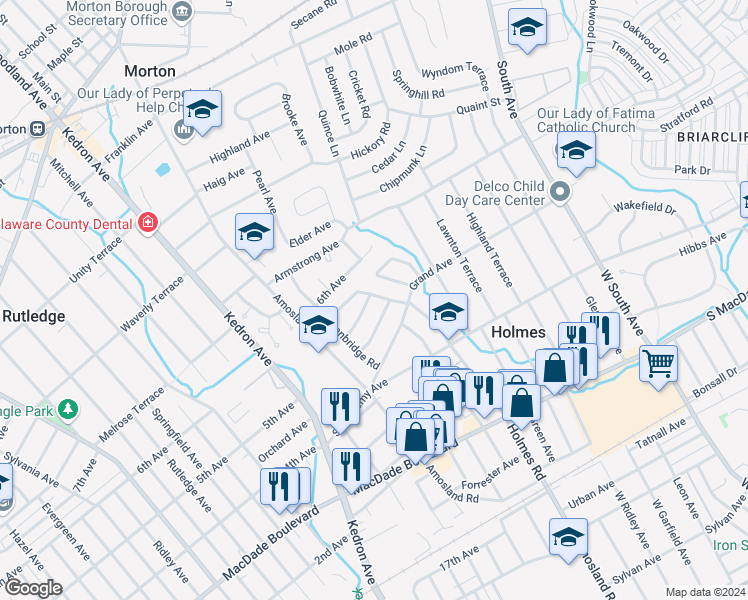 map of restaurants, bars, coffee shops, grocery stores, and more near 525 Holmes Road in Morton