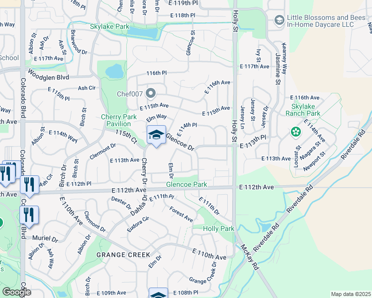 map of restaurants, bars, coffee shops, grocery stores, and more near 5164 East 114th Place in Thornton