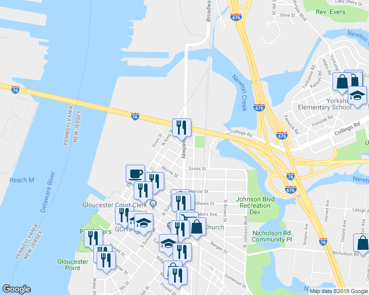 map of restaurants, bars, coffee shops, grocery stores, and more near Broadway & Warren St in Gloucester City