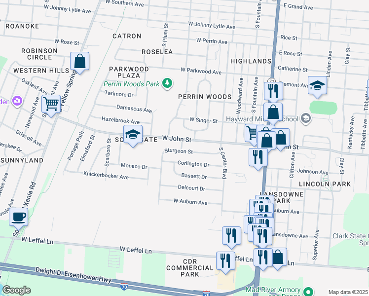 map of restaurants, bars, coffee shops, grocery stores, and more near 302 West John Street in Springfield