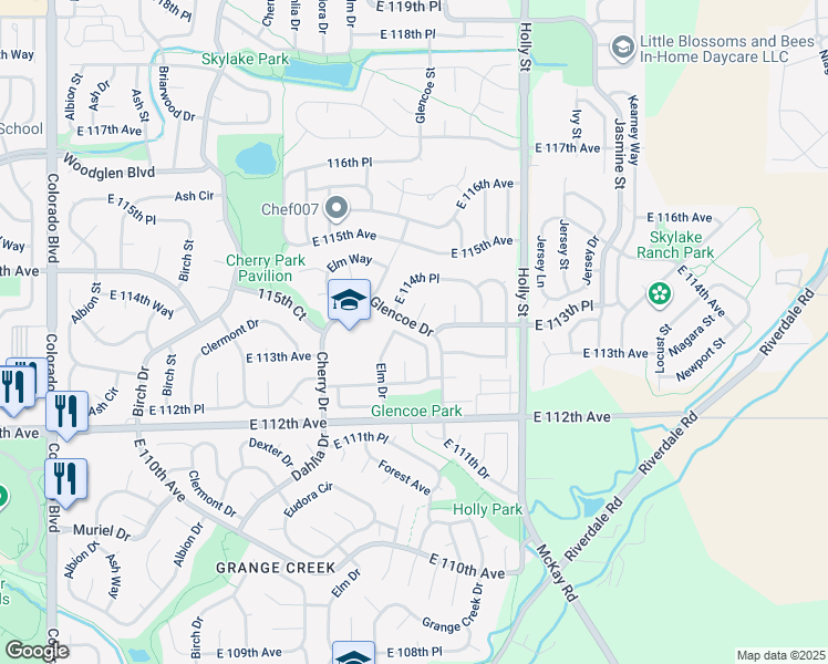 map of restaurants, bars, coffee shops, grocery stores, and more near 5164 East 114th Place in Thornton