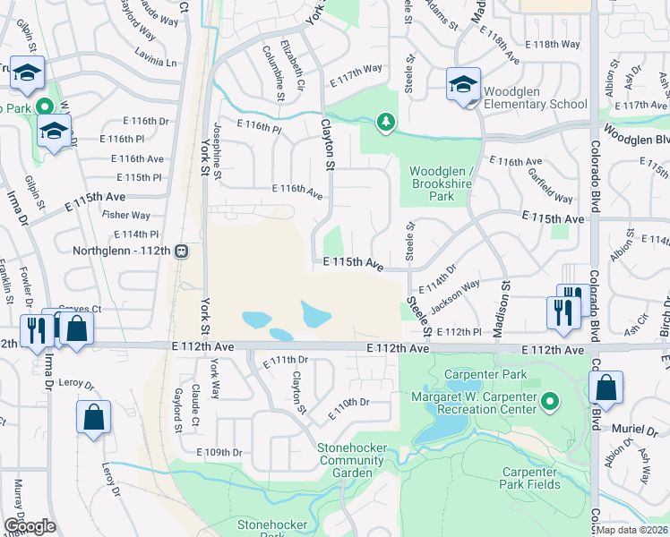 map of restaurants, bars, coffee shops, grocery stores, and more near 11513 Fillmore Court in Thornton