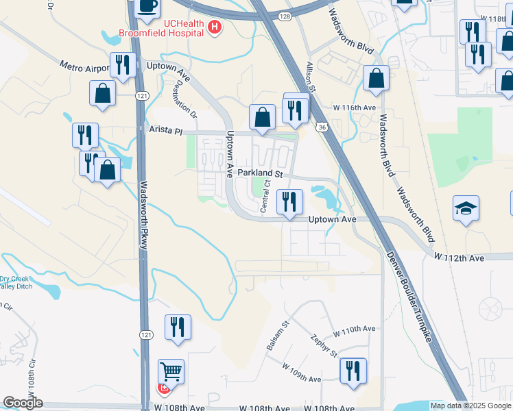 map of restaurants, bars, coffee shops, grocery stores, and more near 11337 Central Court in Broomfield