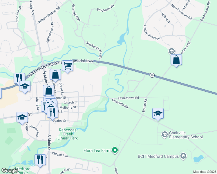 map of restaurants, bars, coffee shops, grocery stores, and more near 30 Haynes Creek Lane in Medford