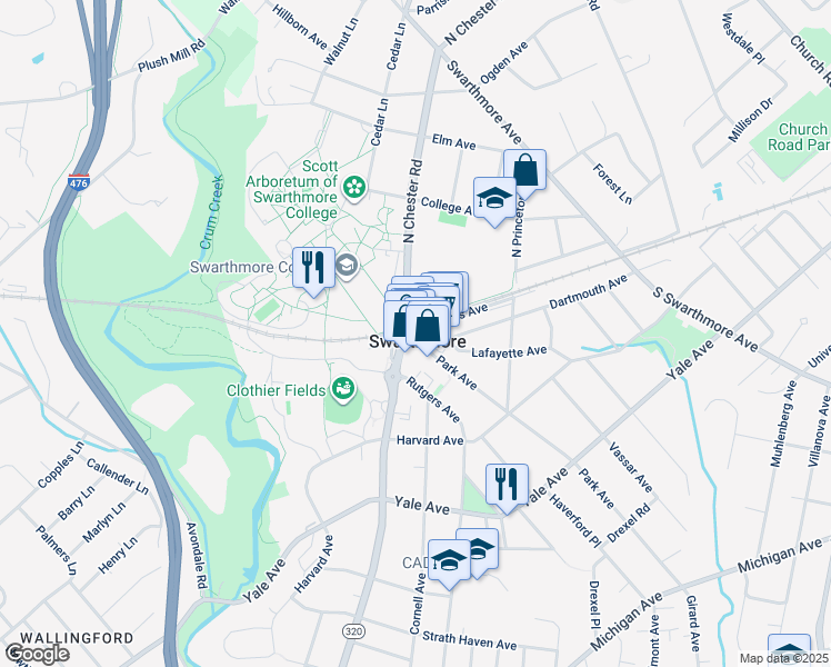 map of restaurants, bars, coffee shops, grocery stores, and more near in Swarthmore
