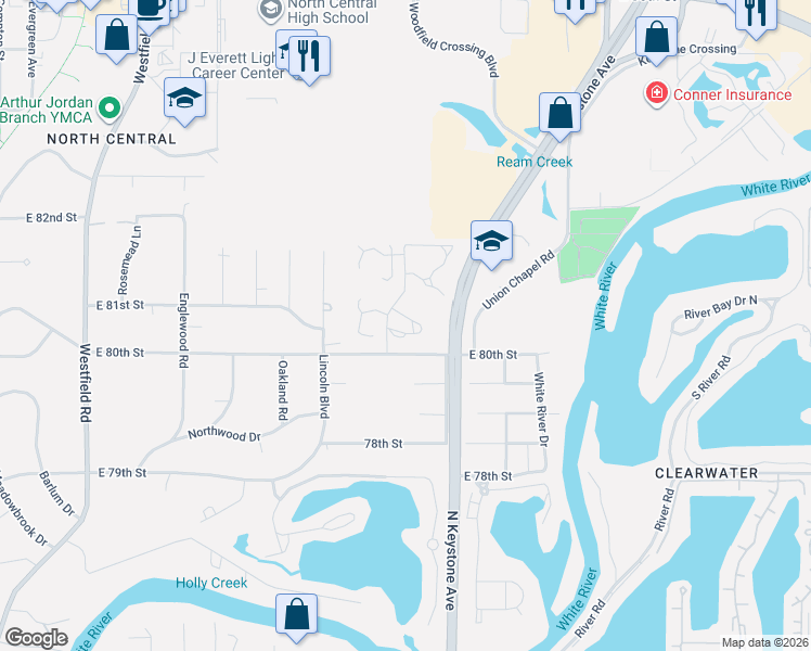 map of restaurants, bars, coffee shops, grocery stores, and more near 8055 Van Ness Way in Indianapolis
