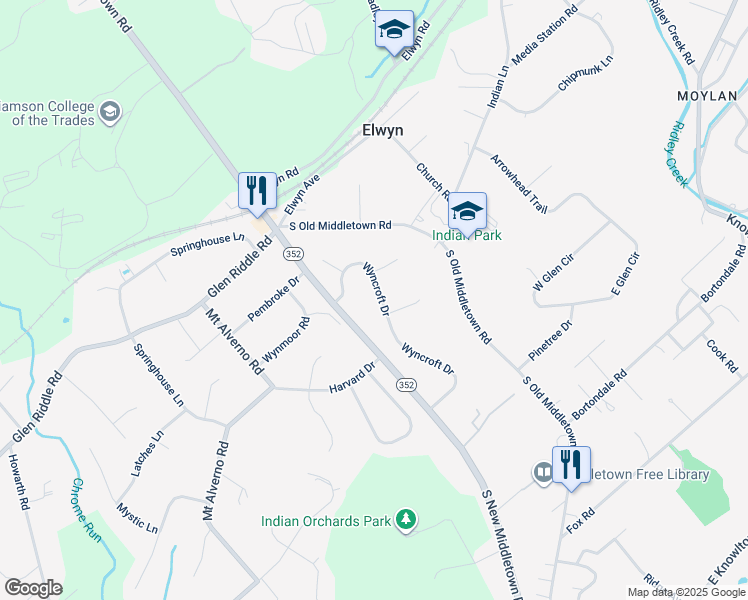 map of restaurants, bars, coffee shops, grocery stores, and more near 34 Wyncroft Drive in Media