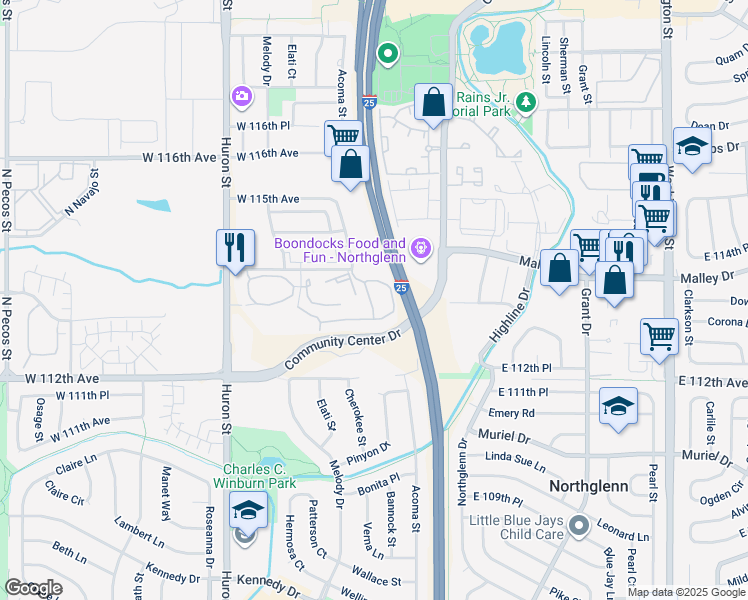 map of restaurants, bars, coffee shops, grocery stores, and more near 350 West 114th Avenue in Northglenn