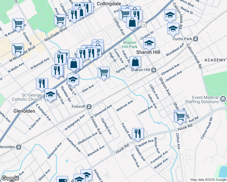 map of restaurants, bars, coffee shops, grocery stores, and more near 1449 Sharon Park Drive in Sharon Hill