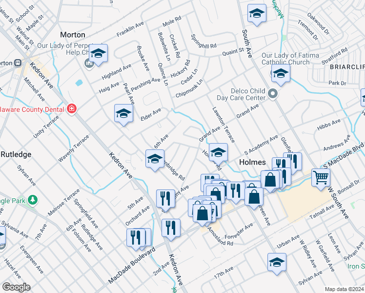 map of restaurants, bars, coffee shops, grocery stores, and more near 525 Holmes Road in Morton