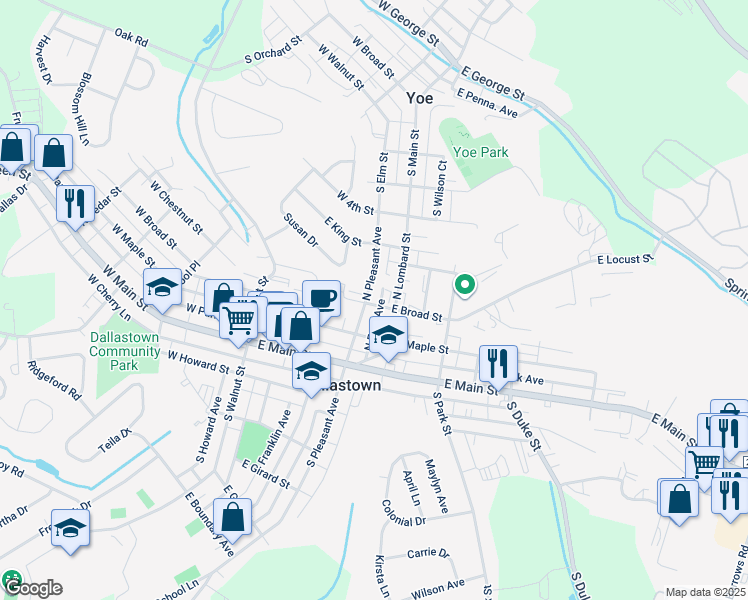 map of restaurants, bars, coffee shops, grocery stores, and more near 9 East Broad Street in Dallastown