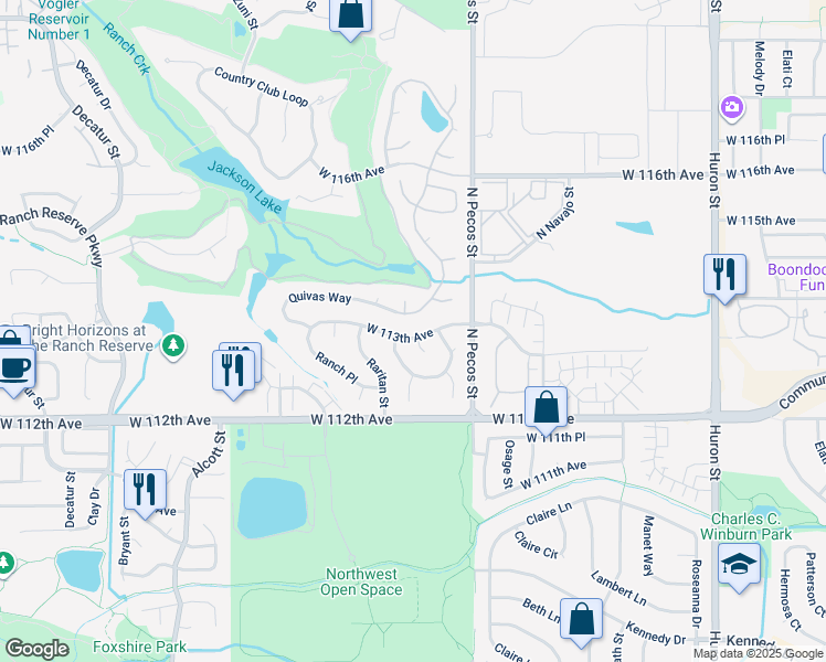 map of restaurants, bars, coffee shops, grocery stores, and more near 11353 Quivas Way in Westminster