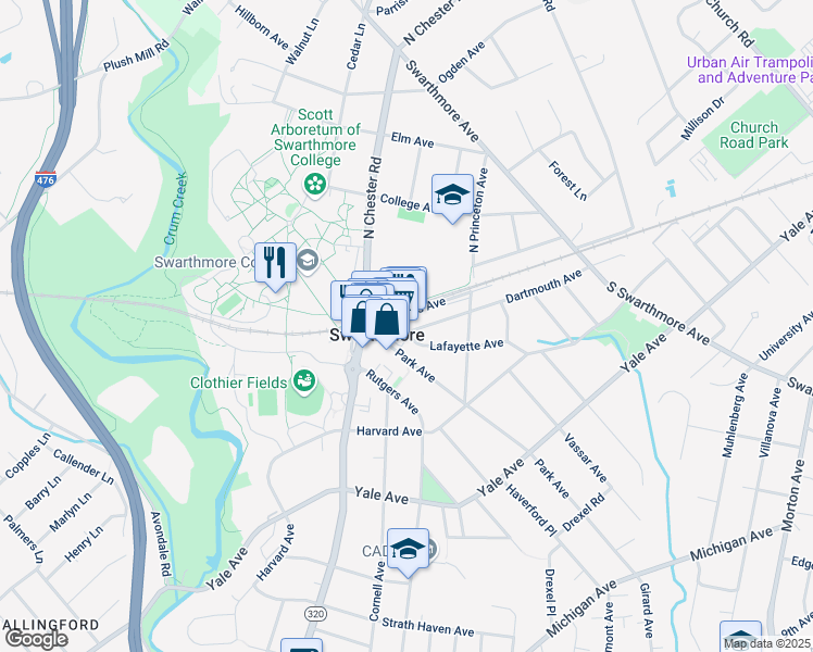 map of restaurants, bars, coffee shops, grocery stores, and more near 333 Dartmouth Avenue in Swarthmore