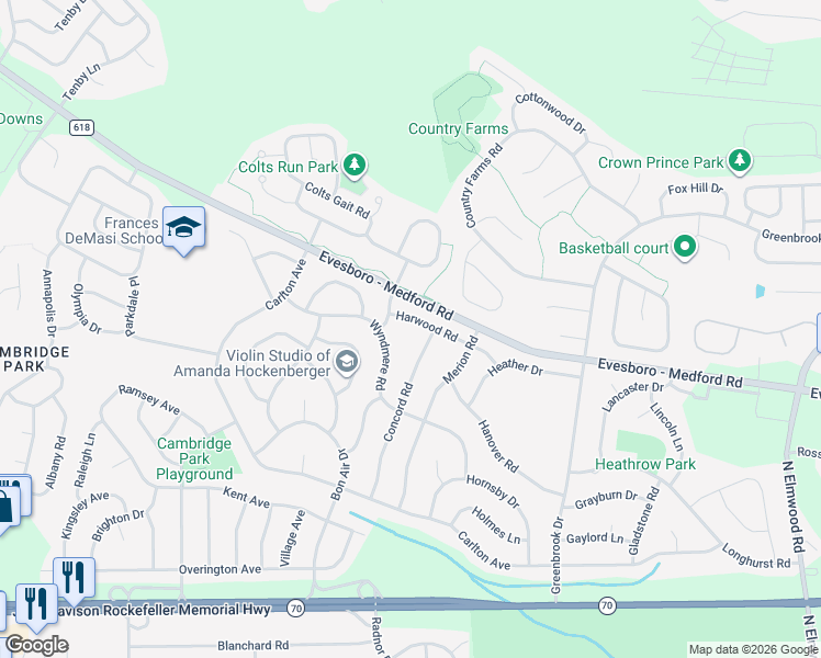 map of restaurants, bars, coffee shops, grocery stores, and more near 28 Harwood Road in Evesham