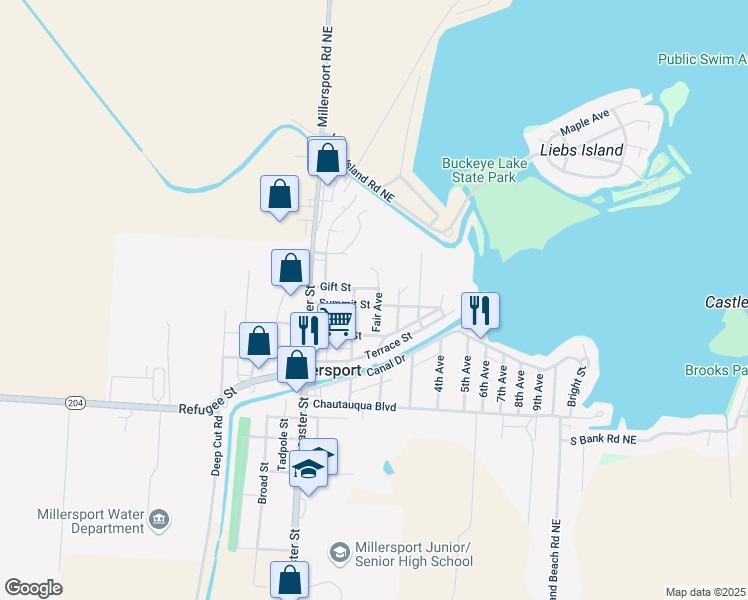map of restaurants, bars, coffee shops, grocery stores, and more near 2650 Gift Street in Millersport