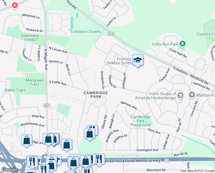 map of restaurants, bars, coffee shops, grocery stores, and more near 1 Omaha Road in Evesham Township