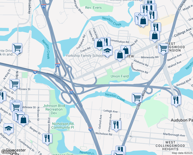 map of restaurants, bars, coffee shops, grocery stores, and more near 1102 South Merrimac Road in Camden