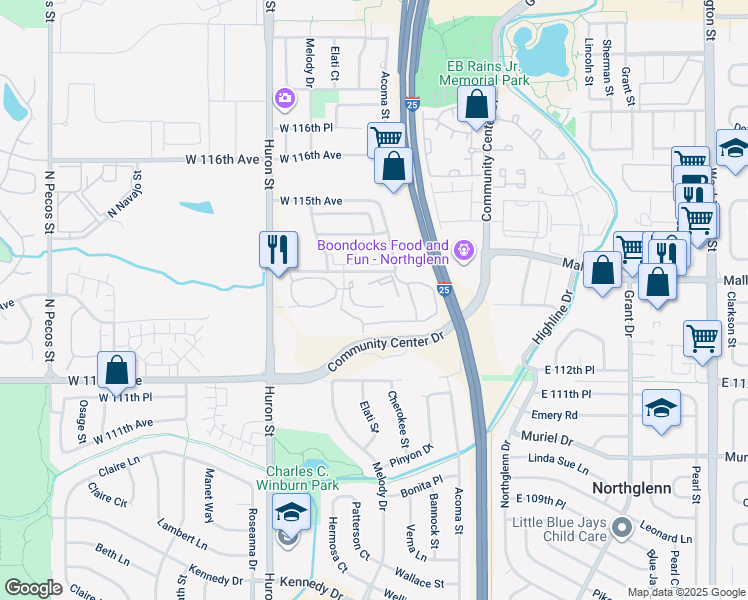 map of restaurants, bars, coffee shops, grocery stores, and more near 11310 Melody Drive in Northglenn