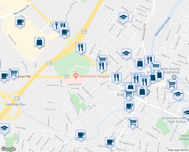 map of restaurants, bars, coffee shops, grocery stores, and more near 27 Pennsylvania 21 in Uniontown