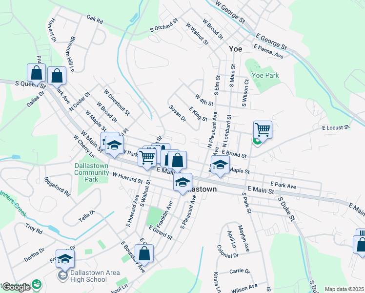 map of restaurants, bars, coffee shops, grocery stores, and more near 95 Walnut Ridge in Dallastown
