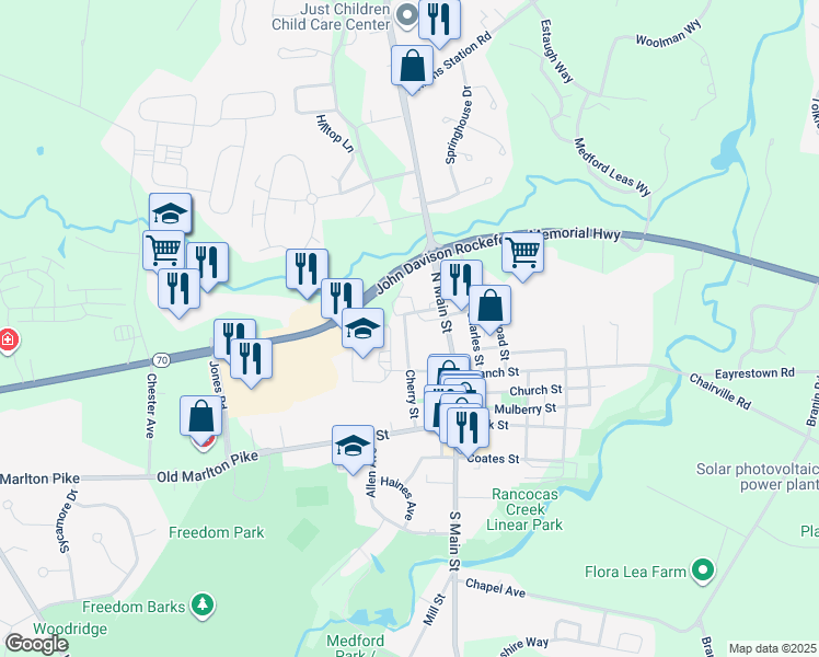 map of restaurants, bars, coffee shops, grocery stores, and more near 41 Cherry St in Medford