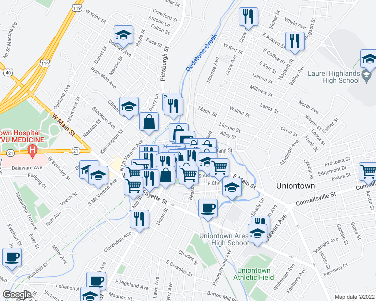 map of restaurants, bars, coffee shops, grocery stores, and more near 35 North Beeson Boulevard in Uniontown