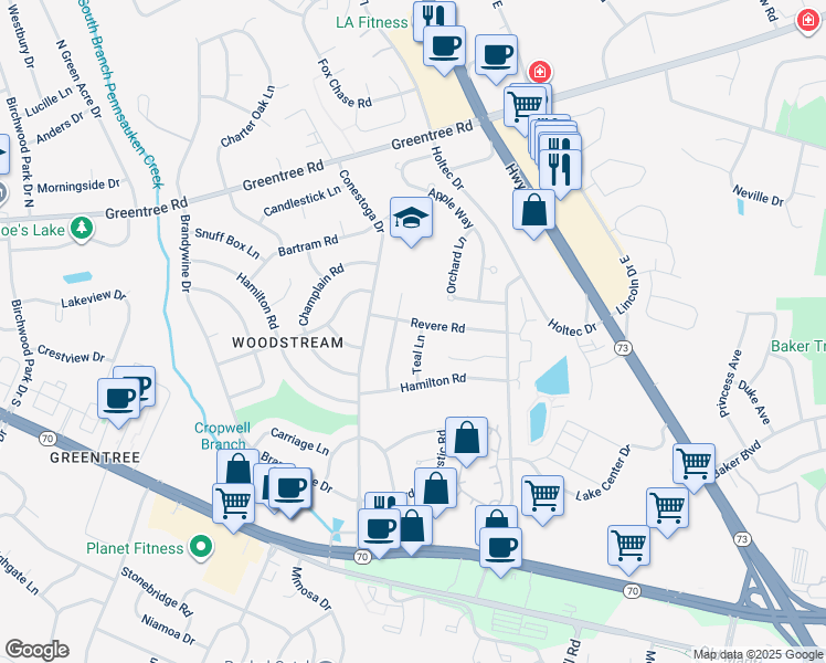map of restaurants, bars, coffee shops, grocery stores, and more near 17 Tinder Box Terrace in Evesham