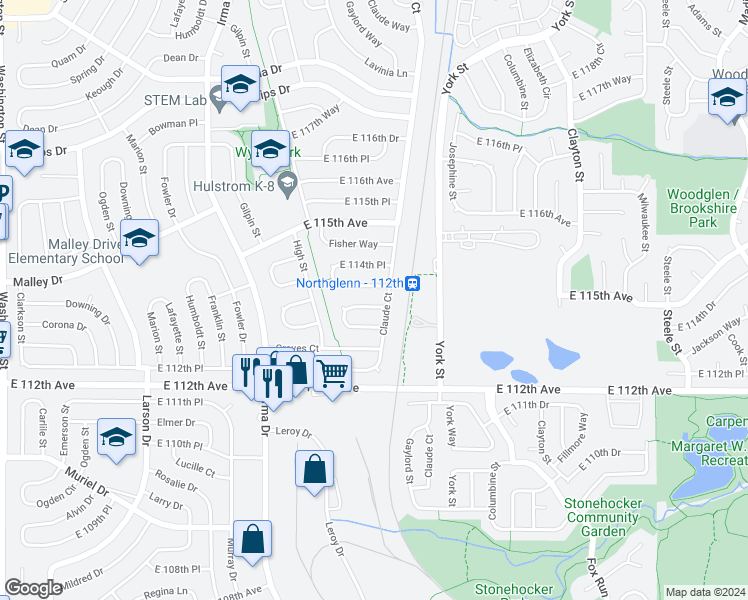 map of restaurants, bars, coffee shops, grocery stores, and more near 11384 Claude Court in Northglenn