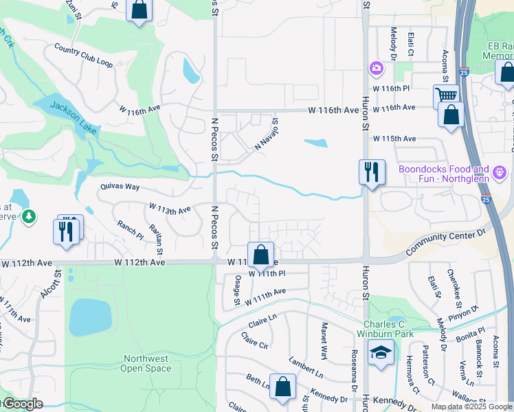 map of restaurants, bars, coffee shops, grocery stores, and more near 11329 Navajo Circle in Westminster