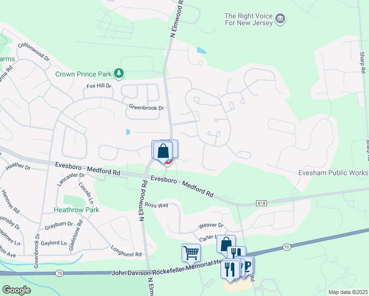 map of restaurants, bars, coffee shops, grocery stores, and more near 11 Poinsettia Lane in Evesham