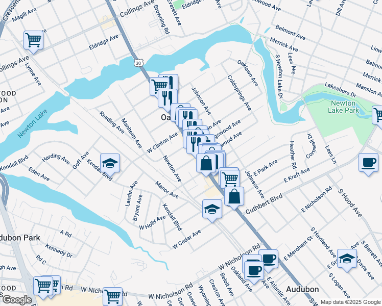 map of restaurants, bars, coffee shops, grocery stores, and more near in Haddon Township