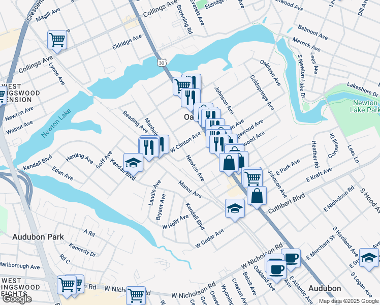 map of restaurants, bars, coffee shops, grocery stores, and more near 40 West Clinton Avenue in Oaklyn