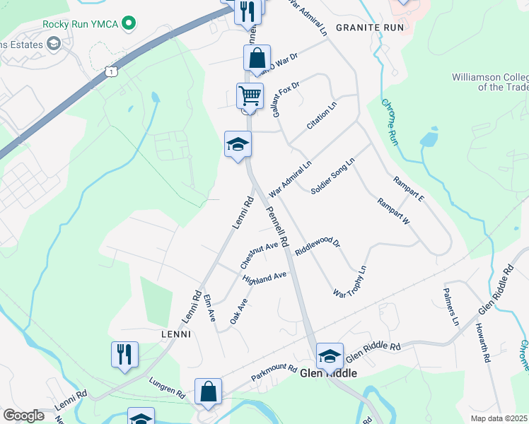 map of restaurants, bars, coffee shops, grocery stores, and more near 156 South Pennell Road in Media