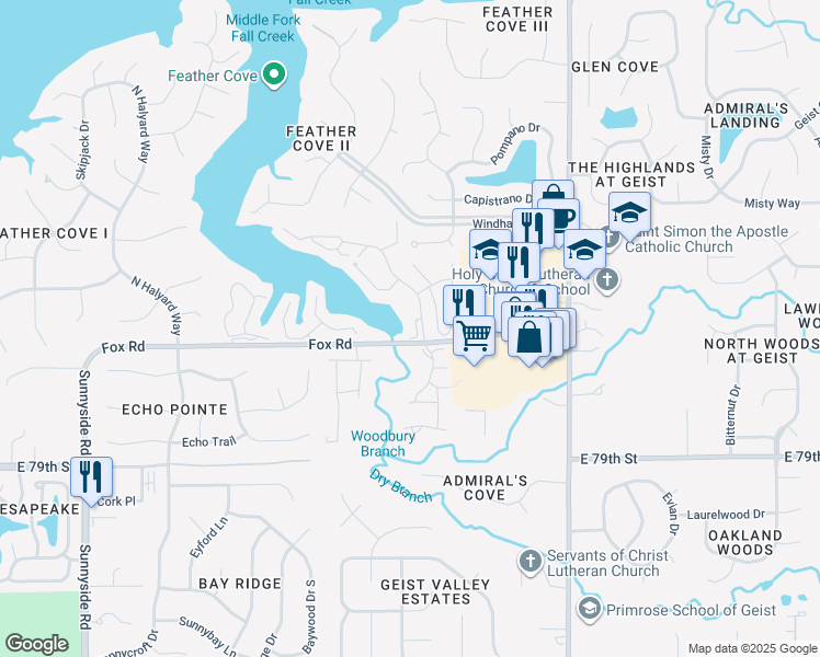 map of restaurants, bars, coffee shops, grocery stores, and more near 8094 Shorewalk Drive in Indianapolis