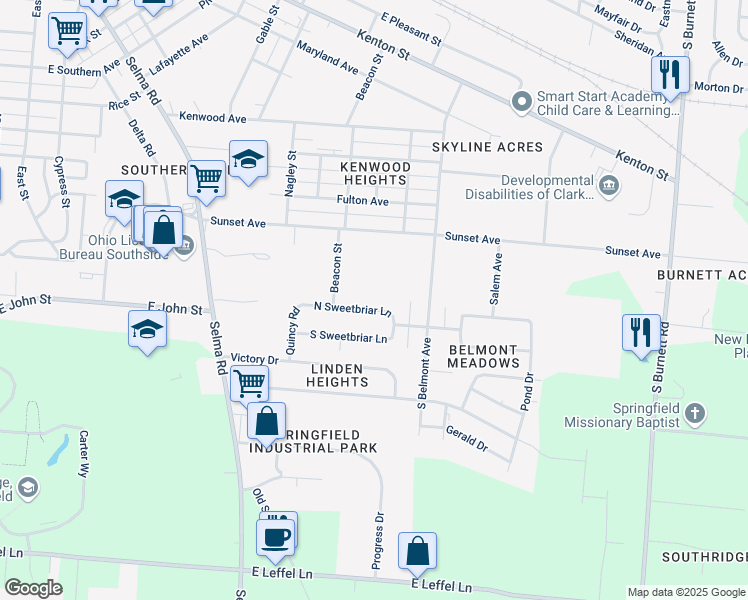 map of restaurants, bars, coffee shops, grocery stores, and more near 1806 North Sweetbriar Lane in Springfield