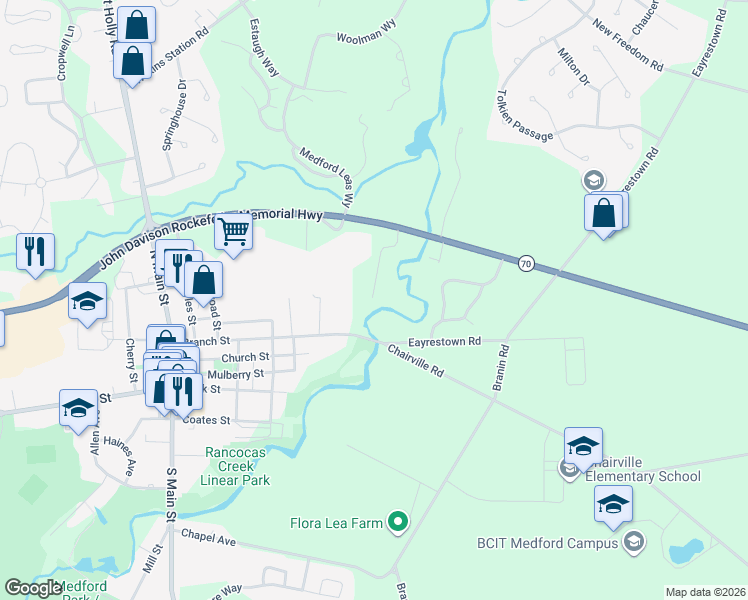 map of restaurants, bars, coffee shops, grocery stores, and more near 30 Haynes Creek Lane in Medford