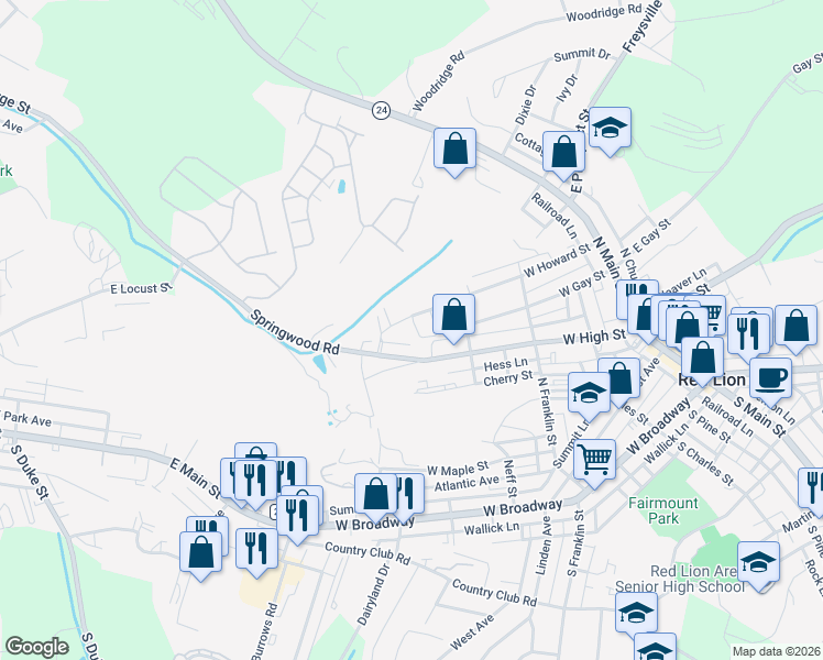 map of restaurants, bars, coffee shops, grocery stores, and more near 516 Western Avenue in Red Lion