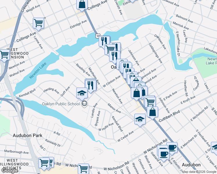 map of restaurants, bars, coffee shops, grocery stores, and more near 416 Newton Avenue in Oaklyn