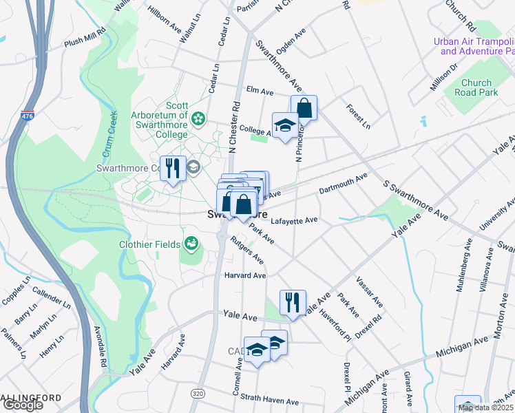 map of restaurants, bars, coffee shops, grocery stores, and more near 333 Dartmouth Avenue in Swarthmore