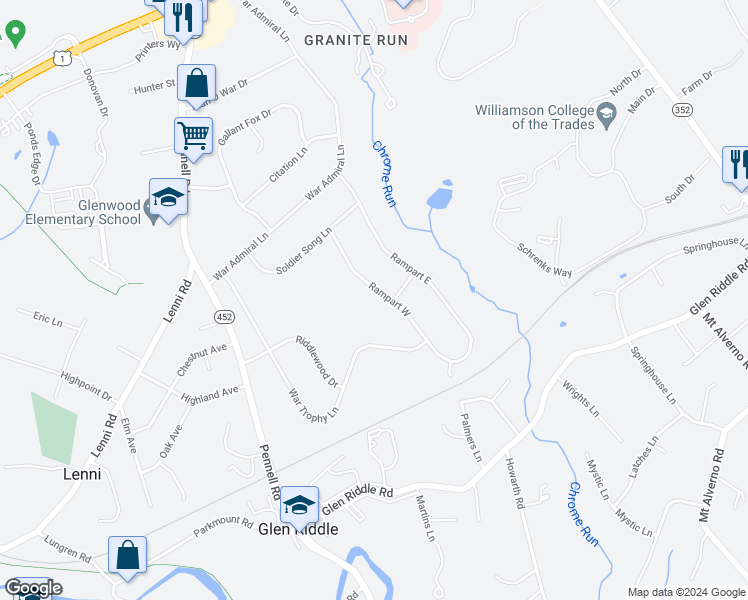 map of restaurants, bars, coffee shops, grocery stores, and more near 18 Rampart West in Media