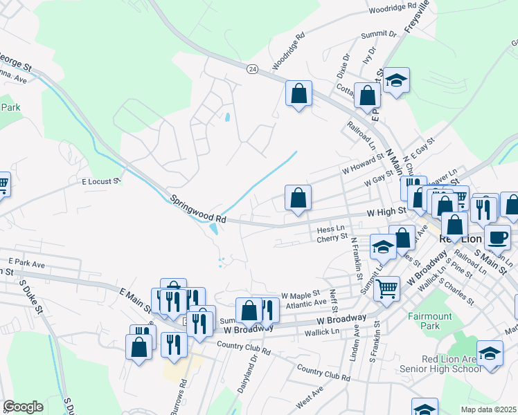 map of restaurants, bars, coffee shops, grocery stores, and more near 400 Carriage Lane in Red Lion