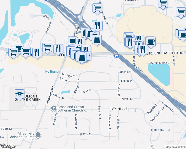 map of restaurants, bars, coffee shops, grocery stores, and more near 5503 Skyridge Dr in Indianapolis